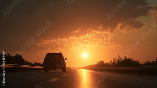 Sunset glows behind a solitary car on a wet highway