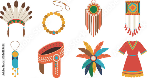 Native American traditional accessories set illustration, tribal headdress jewelry dreamcatcher costume elements, cultural heritage objects collection, ethnic decorative design