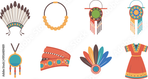 Native American traditional accessories set illustration, tribal headdress necklace dreamcatcher costume elements, cultural heritage objects collection, ethnic design isolated vector