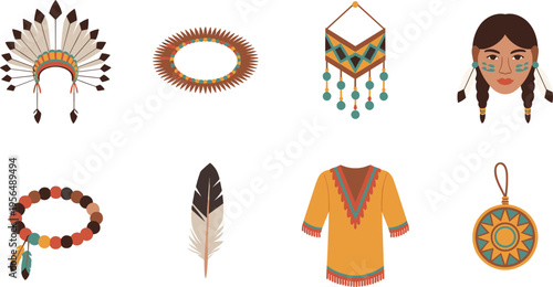 Native American tribal accessories set, headdress necklace feather clothing bracelet and ornaments, indigenous culture vector illustration isolated flat design