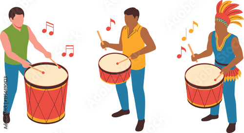 People playing drums, percussion musicians performing music, diverse characters with instruments, cultural rhythm vector illustration isolated flat design style