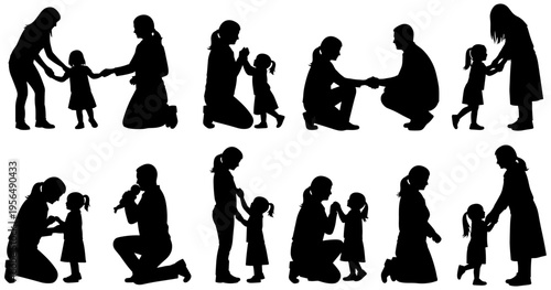 Silhouette adult and child interaction poses, nurturing guidance, emotional connection, teaching moments, family care illustration vector design