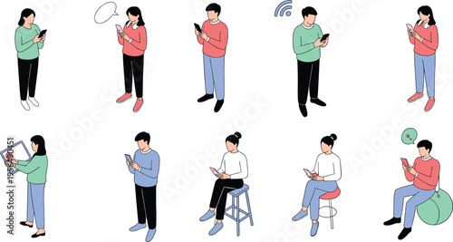 People, smartphone, mobile, communication, texting, chatting, social, media, technology, digital, users, online, connection, messaging, lifestyle, internet, device, illustration, set, modern