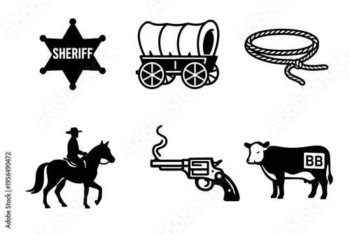 Black western icon collection with sheriff star, wagon, lasso, rider, revolver, and bull. Classic wild west symbols for rodeo, ranch, frontier, and cowboy themes.
