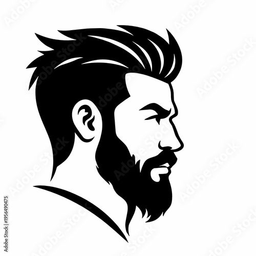 Side profile of a fashionable bearded man with textured hair in crisp black silhouette. Clean barber emblem for mens grooming, salon branding, avatar or hairstyle themes.