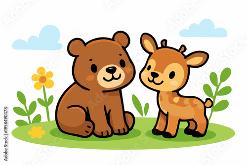 Adorable cartoon bear and fawn standing together in a sunny meadow with flowers and leaves, showing woodland friendship, innocence, kindness and cheerful child friendly nature.