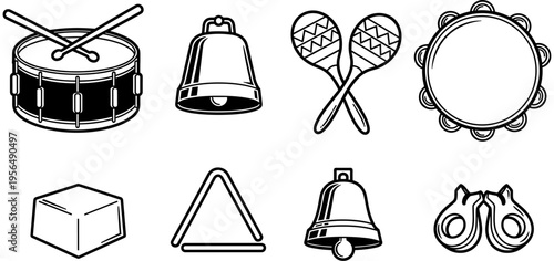 Silhouette percussion instruments set including snare drum, tambourine, maracas, triangle, castanets, bells, wood block vector illustration