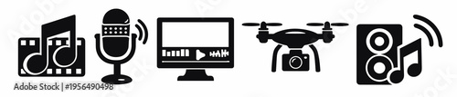 Horizontal vector icon set with music, microphone, video monitor, drone and speaker symbols. Great for multimedia production, streaming, podcasting, audio video editing and broadcasting.