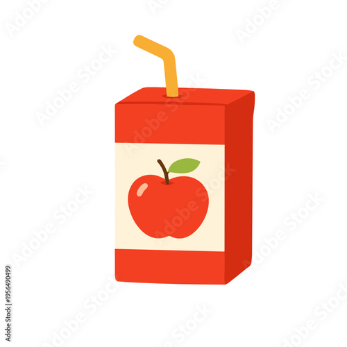 Bright apple juice carton with straw and fruit label in a clean flat style. Beverage packaging vector icon with healthy drink, lunchbox and kids snack concept.
