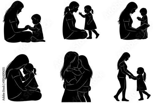 Silhouette illustration of adult and child bonding activities, family connection, nurturing care, parenting relationship, emotional support design concept
