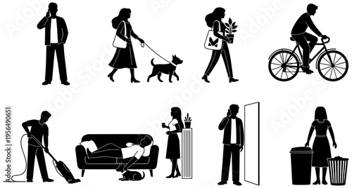 "Black and white silhouette icons of everyday activities including household chores, leisure, fitness, and lifestyle routines for modern vector illustration"