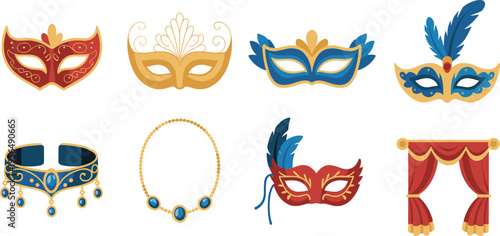 Venetian, carnival, masks, set, masquerade, elegant, decorative, feathers, jewelry, curtain, festival, luxury, costume, ornate, collection, illustration, vector, colorful, celebration, design