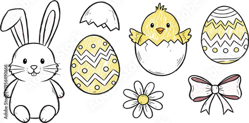 Hand Drawn Easter Elements Collection with Bunny, Chick in Eggshell, Decorated Eggs, Flower, and Ribbon Bow for Spring Holiday Designs and Festive Illustrations