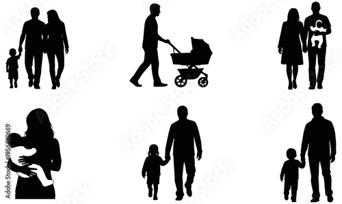 Silhouette illustration of family with children, parenting activities, baby stroller, nurturing care, parent child bonding, emotional support design