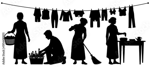 Silhouettes of people performing household chores with laundry drying on clothesline, teamwork in domestic work, cleaning, gardening, and food preparation