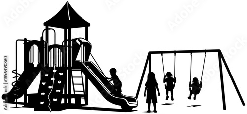 Silhouettes of children playing on playground equipment with swings, slide, climbing structure, outdoor recreation, fun activities, and childhood joy