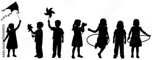 Silhouettes of children playing outdoors with kite, pinwheel, hula hoop, camera, joyful recreation, childhood fun, and family activities