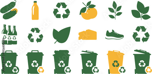 Flat lay eco-friendly recycling icons set with green leaves and waste bins for sustainability concept