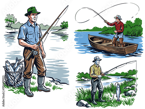 Fishing club vintage artwork for t shirt. Fisherman outdoor adventure design. Retro fishing illustration. Trout and salmon graphics. River lake scene.