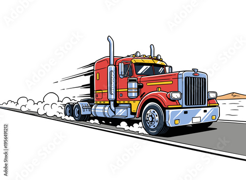 Red semi truck racing. Highway speed artwork. Big rig graphic print for t shirt. Transportation and logistics. Fast wheels challenge.