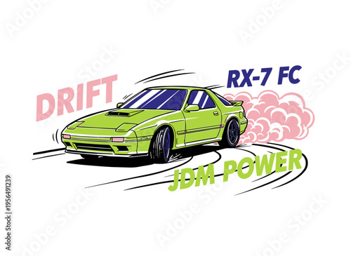 Sport car print design. JDM power RX7 FC artwork. Speed racing poster design. Extreme drift graphics print. Fast wheels challenge.