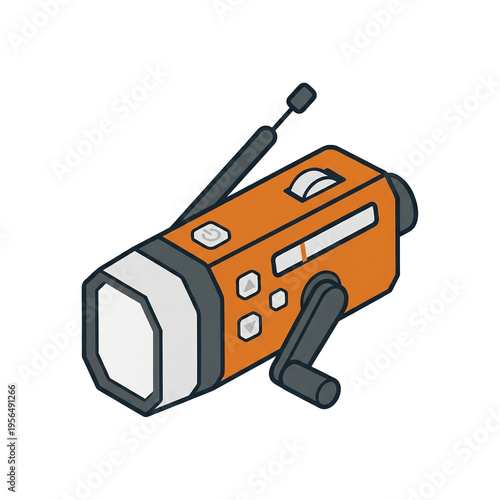 Orange hand-crank flashlight with integrated radio and antenna, essential emergency survival tool. Isometric cartoon style icon on white background.