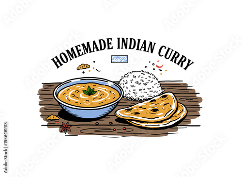 Homemade Indian Curry design. Original spicy food. Indian cuisine vintage artwork. Curry rice artwork for t shirt print, poster and sticker.