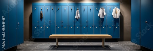 A row of blue lockers with sports jerseys hanging and a wooden bench in the foreground in a gym or locker room