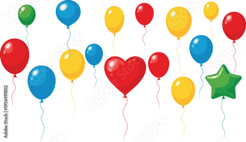 Colorful Balloon Set Vector Illustration with Heart and Star Shapes, Party Decoration Elements for Birthday, Celebration, Festival, Event, and Festive Graphic Design
