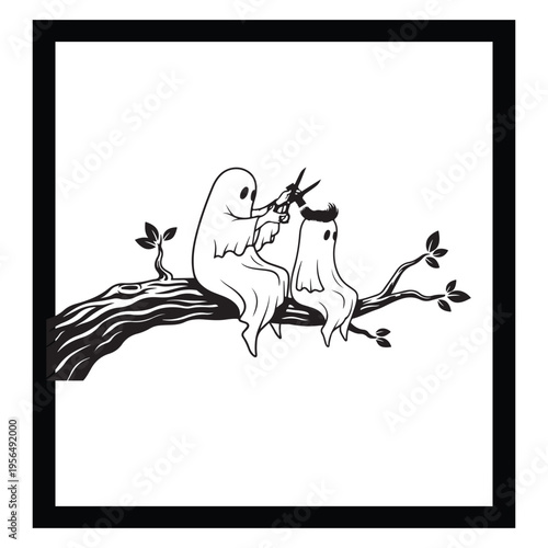 Two Playful Ghosts Sitting on a Tree Branch Illustration (hair cut off another ghost)