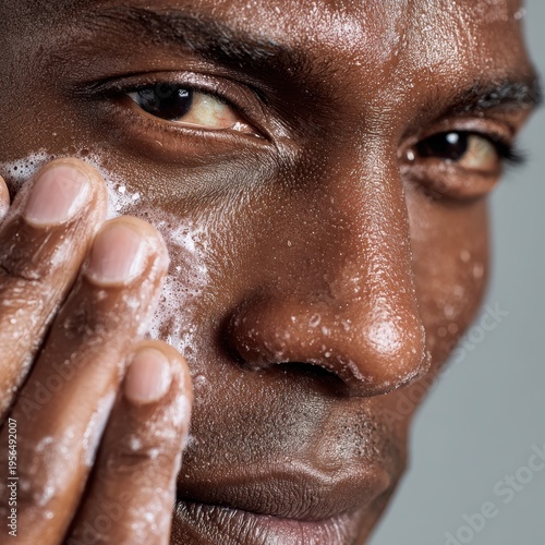 Close-up of Black man of African descent washing face with foamy cleanser in skincare routine