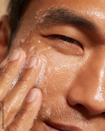 Close-up of Southeast Asian man with medium golden skin smiling while applying foamy cleanser on cheek