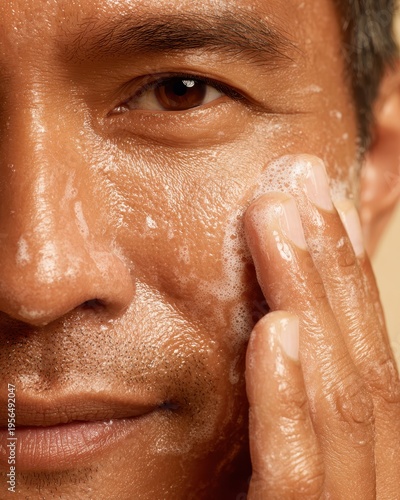 Close-up of Southeast Asian man with medium golden skin applying cream on cheek while looking at camera