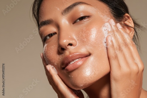 Southeast Asian woman with medium golden skin smiling while applying foamy cleanser on cheek in skincare routine