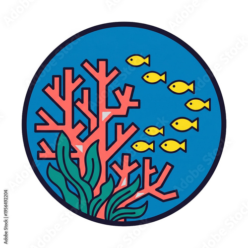 Stylized coral reef habitat with small yellow fish swimming in ocean water. Aquatic ecosystem.
