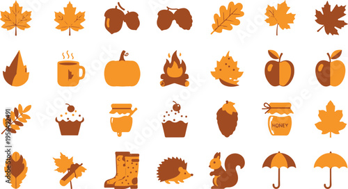 Autumn harvest and seasonal icons flat design set with leaves, pumpkins, and food illustrations