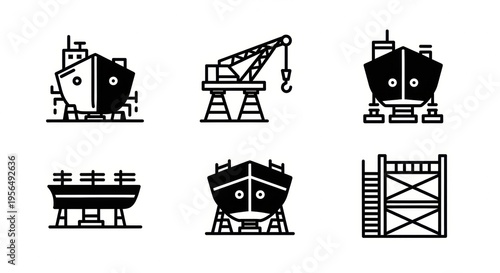 Cuadro en lienzo Set of icons representing ship construction, dry dock, and maritime industrial p