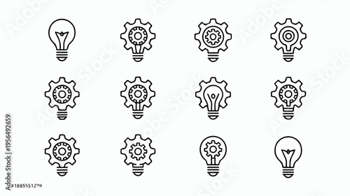 black and white light bulb and gear icons set
