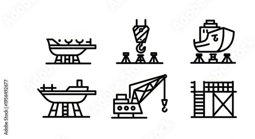 Vászonkép Vector icons illustrating various stages of shipbuilding, dry dock maintenance,