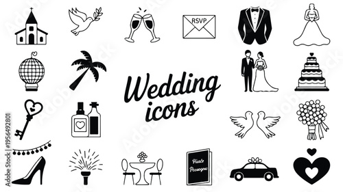 Black and white wedding icons set including church and bride and groom on white