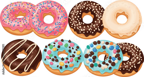 Colorful Donut Collection Vector Illustration with Various Glazes, Sprinkles, Chocolate, and Frosting Designs for Bakery, Dessert, Food Menu, and Sweet Snack Graphics