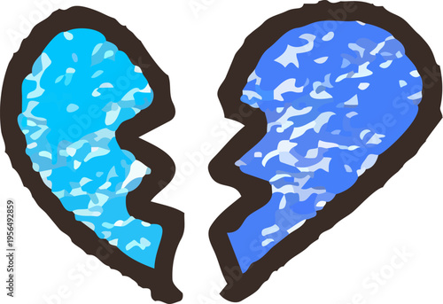 青いパステル調のテクスチャで描かれた割れたハートのイラスト