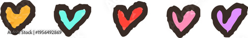 手描き風の質感があるカラフルな5色のハートのイラストセット
