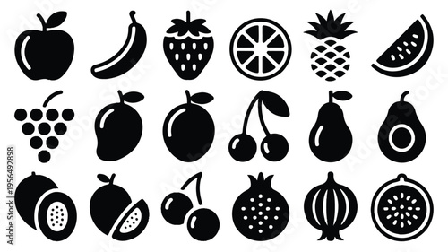 Black silhouettes of various fresh fruits on white background