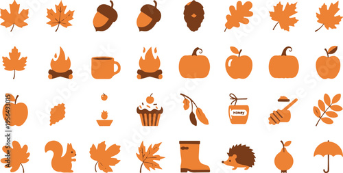 Autumn harvest and cozy fall season flat lay icons set with pumpkins, leaves, and camping elements