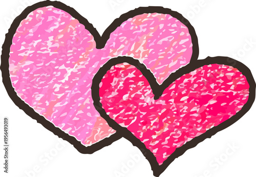 クレヨン風のテクスチャで描かれた寄り添うように並んだ手描き風のダブルハート