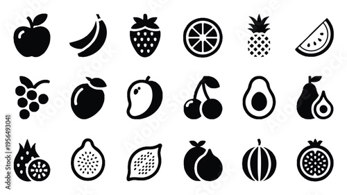 Black silhouettes of various fruit icons on white background