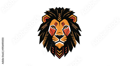 Tribal-style illustration of a lion's head with animal spirit markings on its face and mane against a clean white background