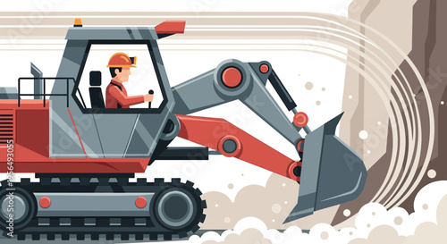 Vector illustration showcases a worker operating excavator at construction site for infrastructure