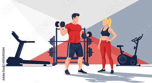 Vector illustration showcasing a modern gym with a man and woman exercising with equipment